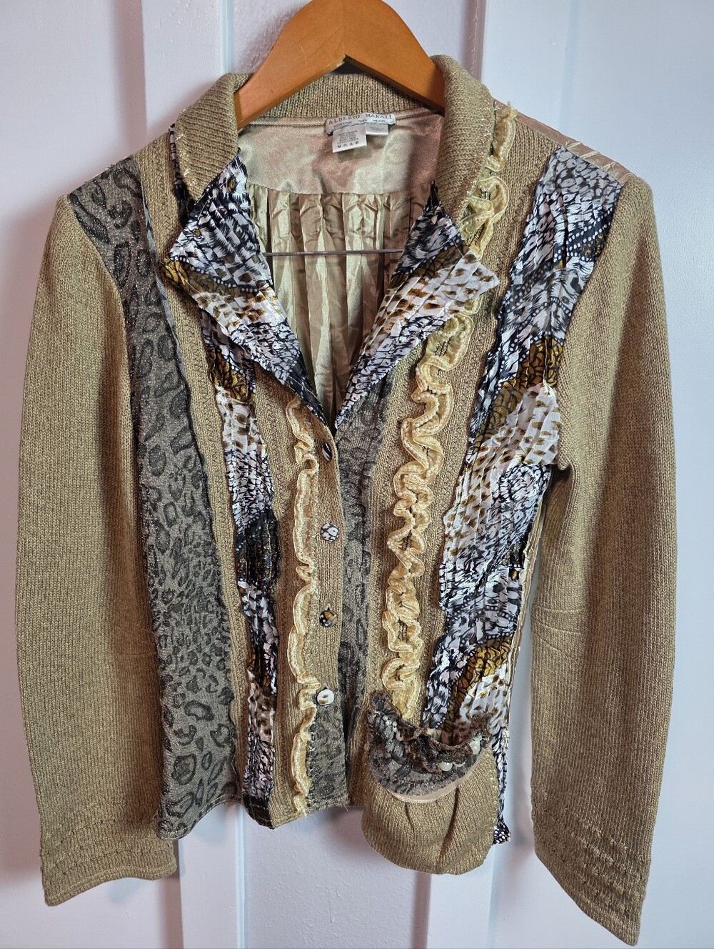 Alberto Makali Mixed Media Animal Print Ruffle Cardigan Jacket (Size L)